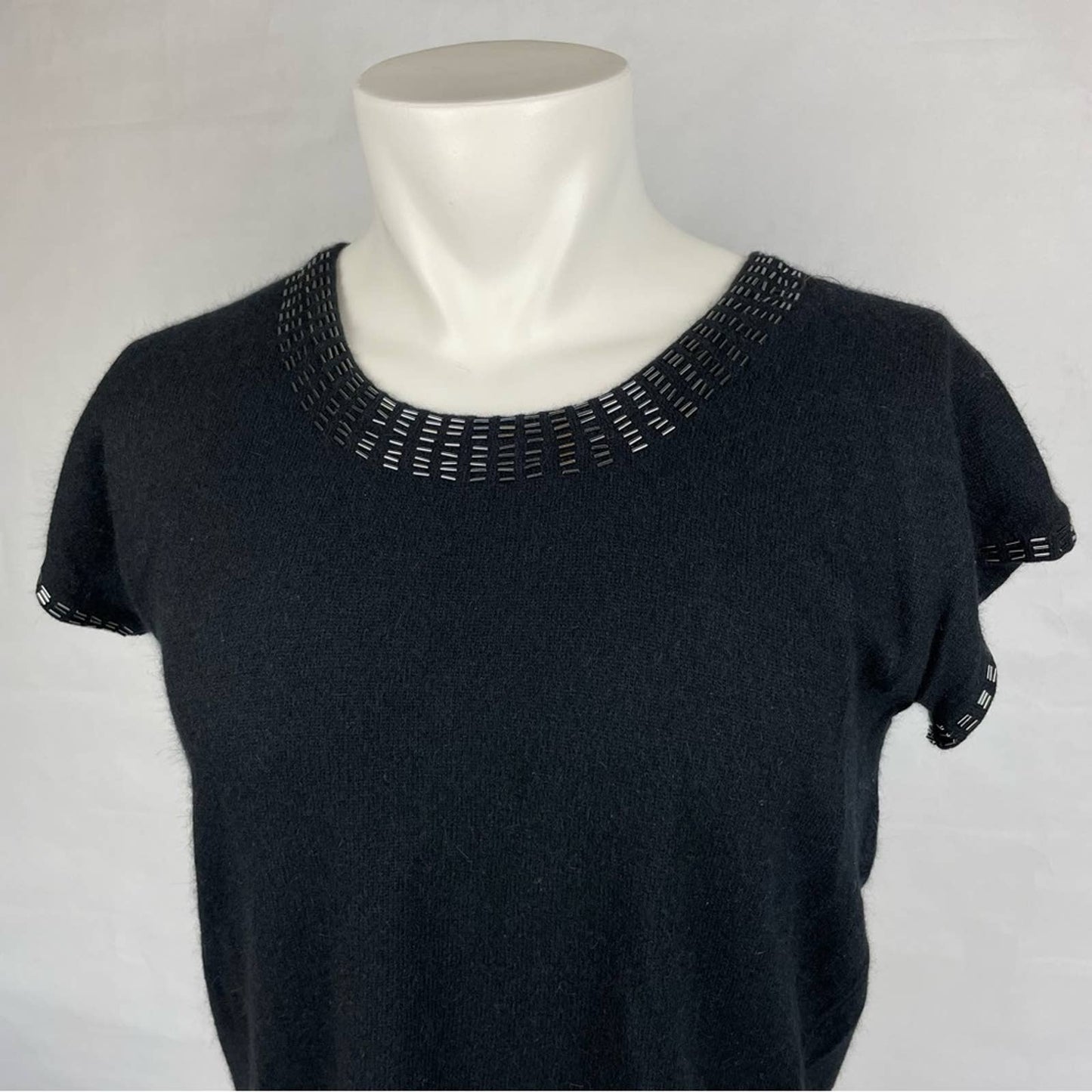 Vintage Linda Allard for Ellen Tracy Black Beaded Angora Wool Blend Sweater Top Size S