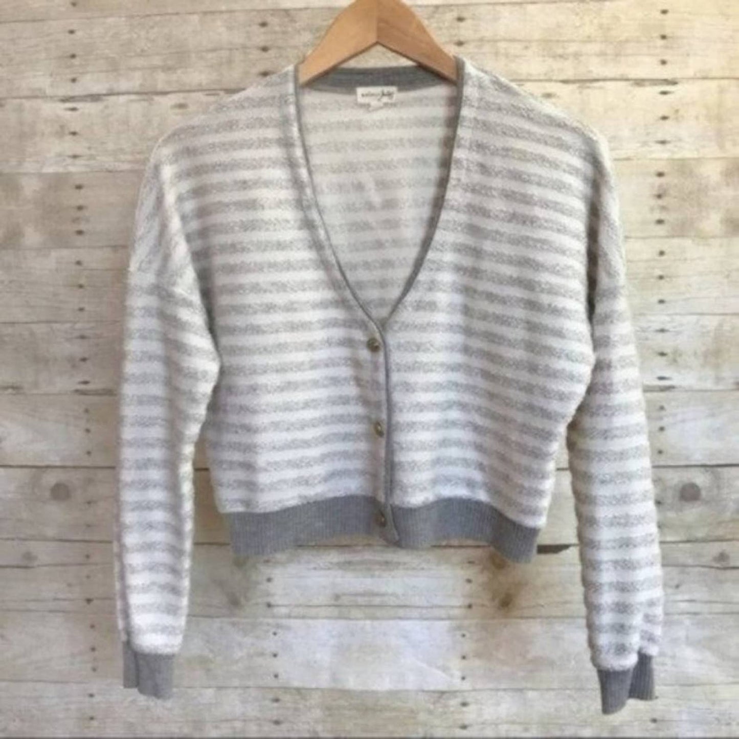 Maison Jules Sweater Gray Striped Cropped Knit Cardigan Coastal Academia Preppy Size S