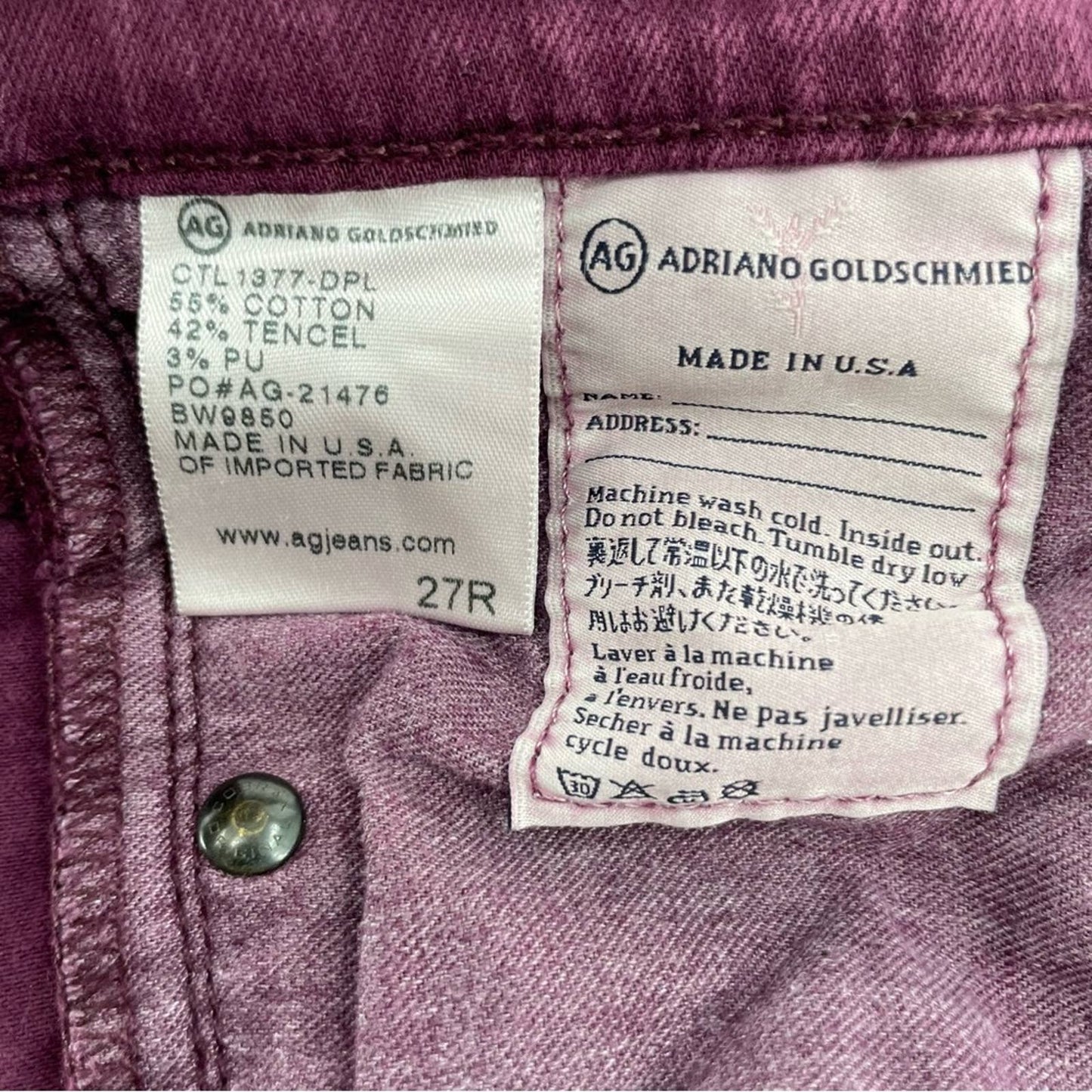 AG Adriano Goldschmied The Stevie Ankle Slim Straight Leg Purple Plum Jeans Size 27