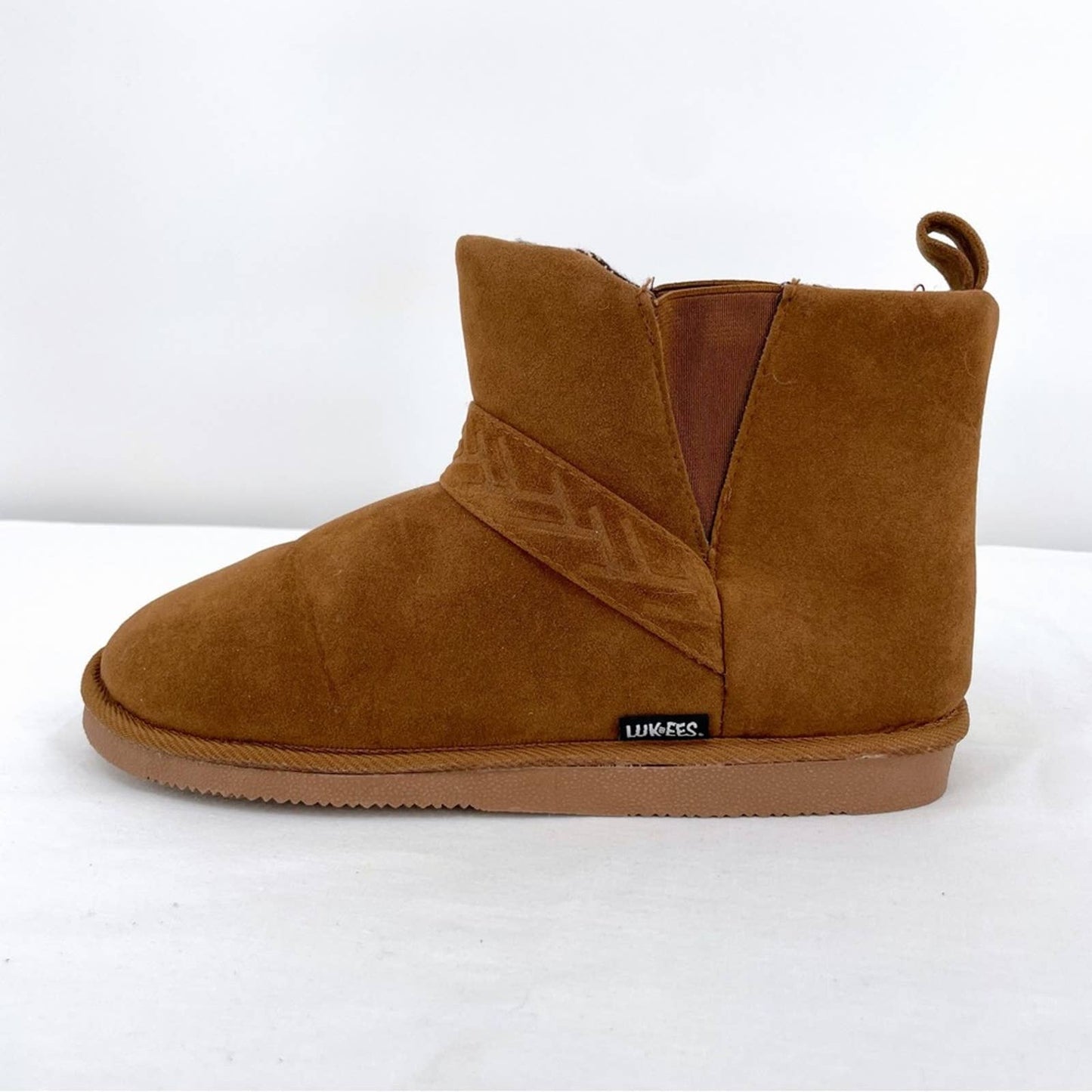 NWT Lukees by Muk Luks Harleen Low Ankle Booties Camel Tan Faux Suede Slippers Size 8