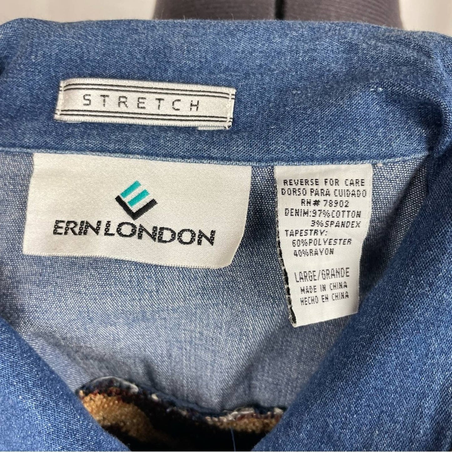 Vintage Erin London Zebra Tiger Tapestry Chambray Denim Button Shacket Jacket Size L
