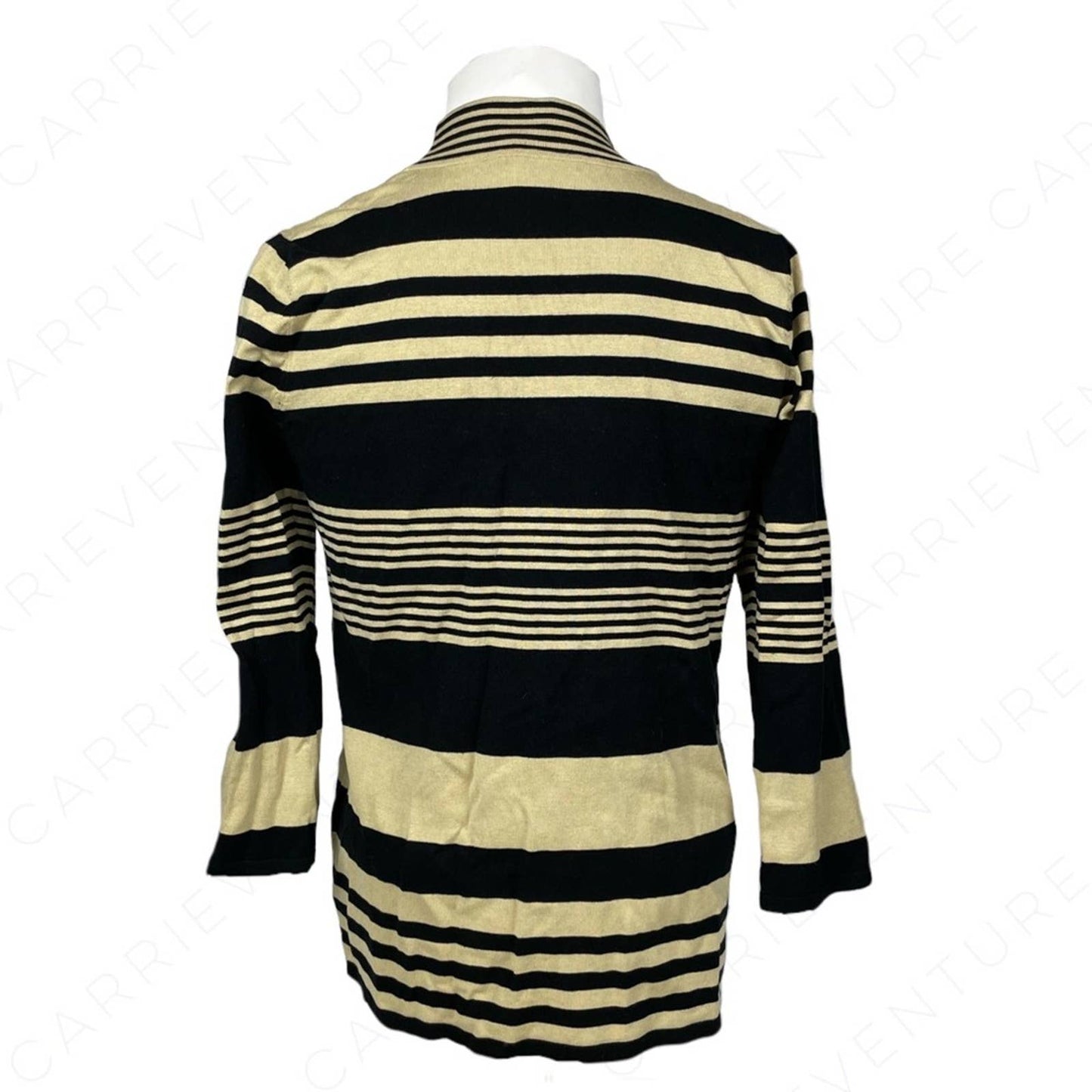 Cable & Gauge Sweater Black & Camel Tan Striped Silk Blend Open Front Cardigan Size M