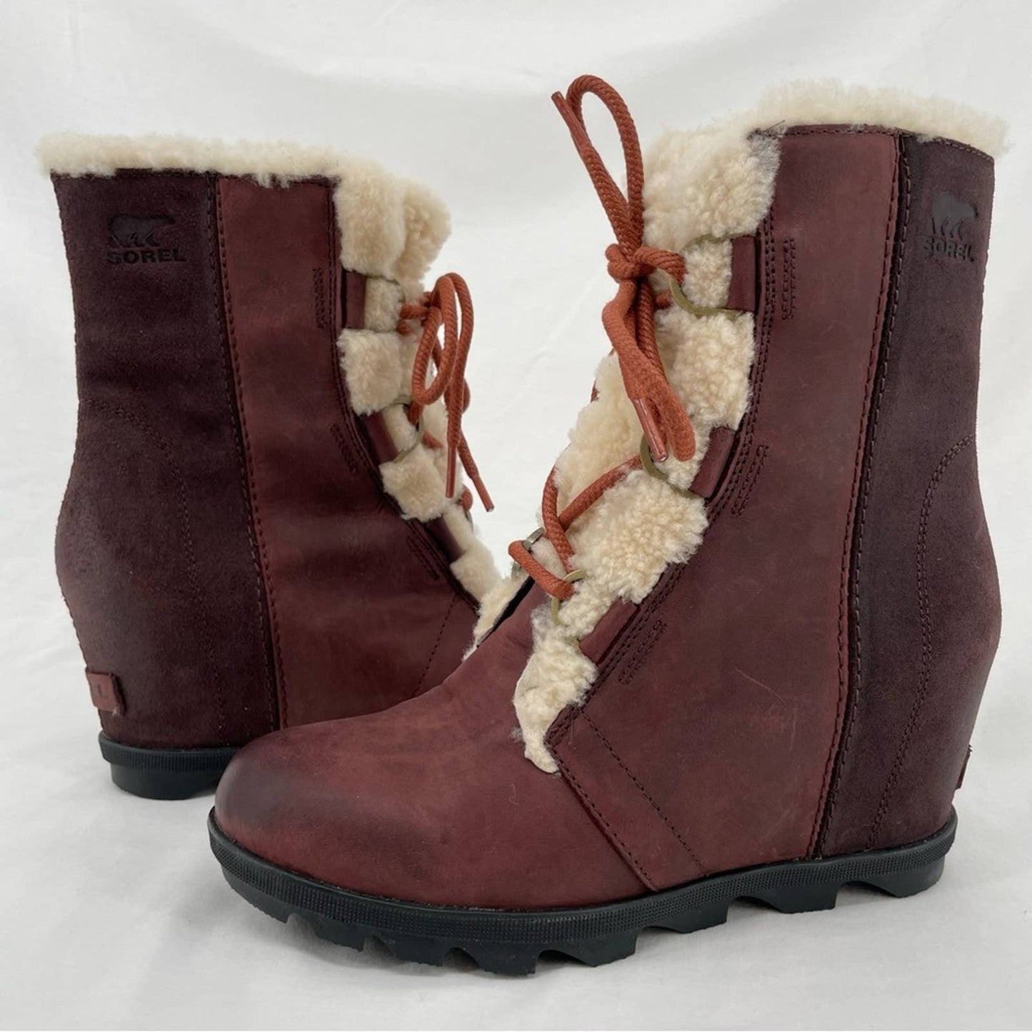 Sorel Joan of Arctic II Cattail Leather Suede Shearling Trim Wedge Mid Boots Size 9