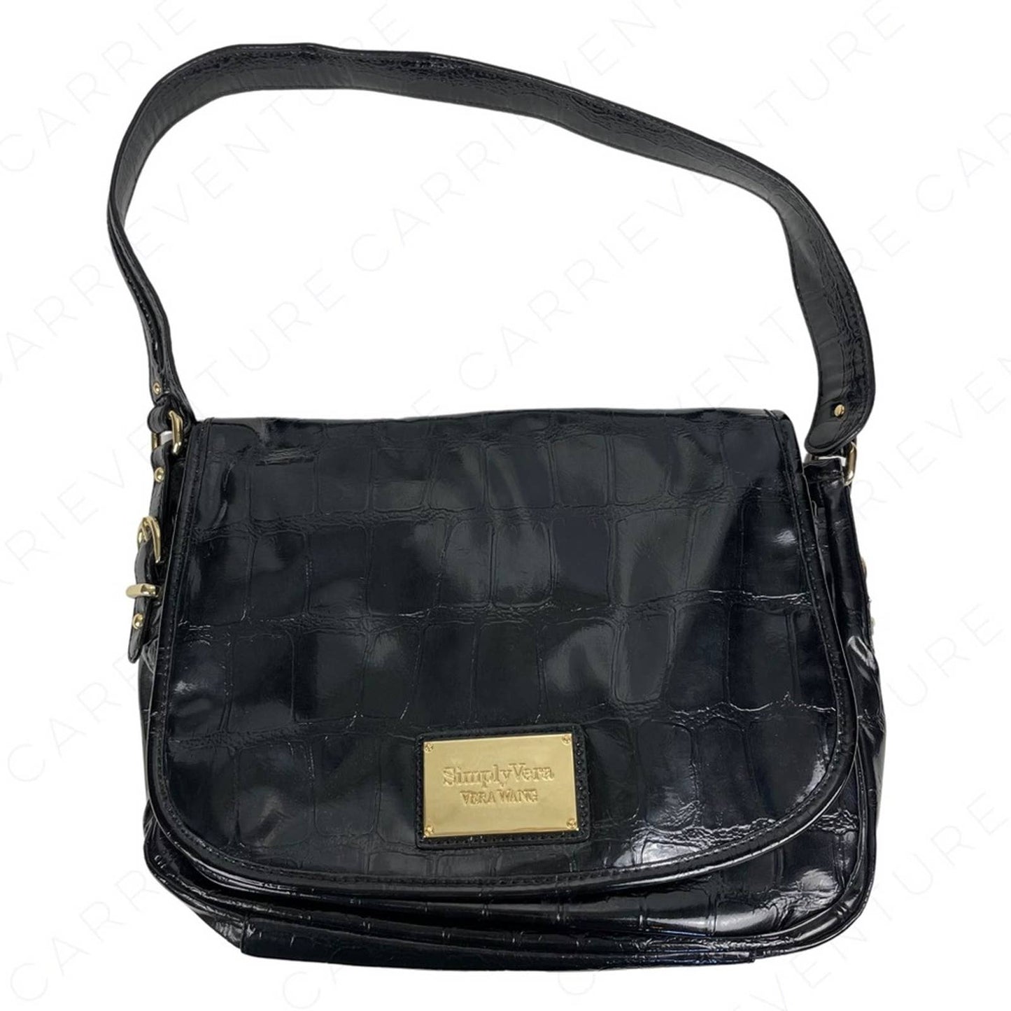 Simply Vera Wang Black Crocodile Texture Faux Leather Foldover Handbag Purse