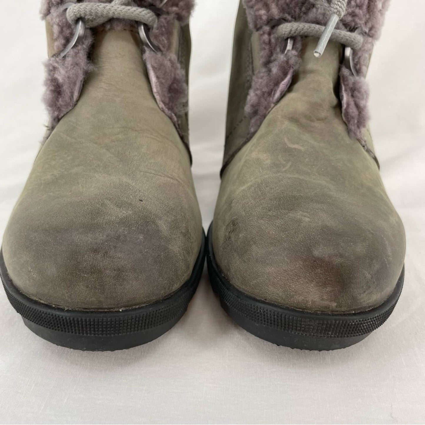Sorel Joan of Arctic Wedge II Shearling Leather Boots Quarry Grey Greige Size 9.5