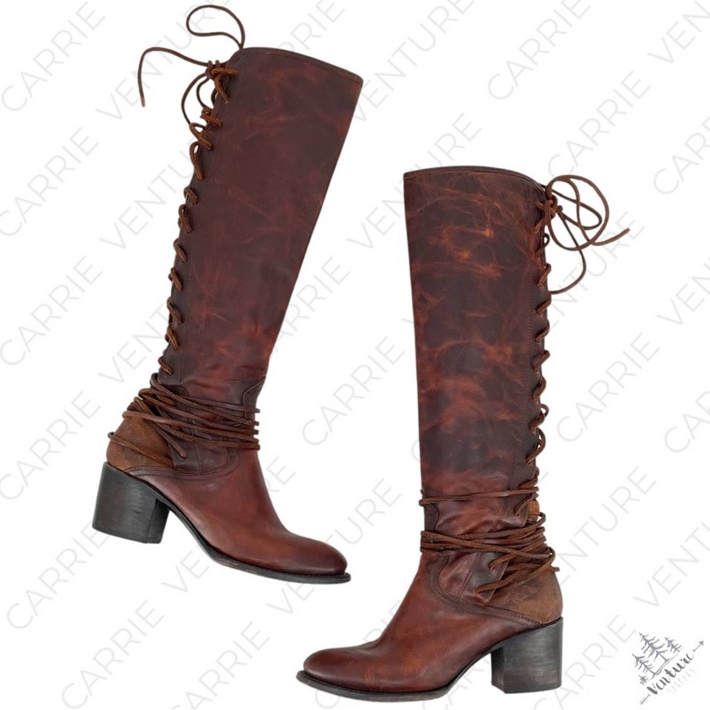 Freebird by Steven Coal Cognac Brown Red Lace Back Tall Heeled Leather Boots Size 9