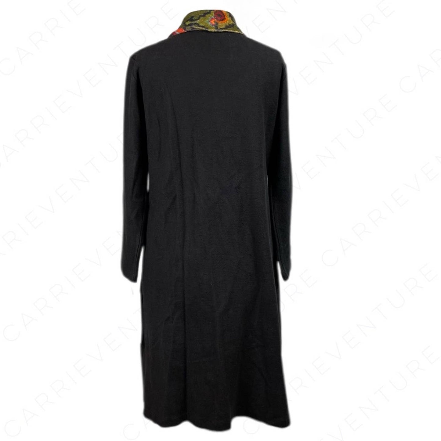 Benares Duster Jacket Cardigan Black Cotton Open Front Colorful Tapestry Trim Size S