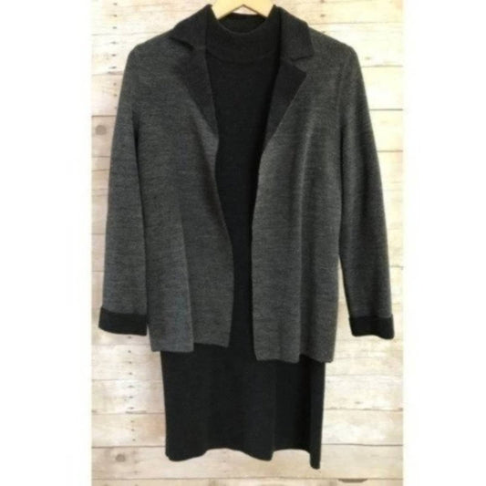 Vintage Talbots Merino Wool Sweater Dress & Matching Jacket Suit Set Gray Black Size S