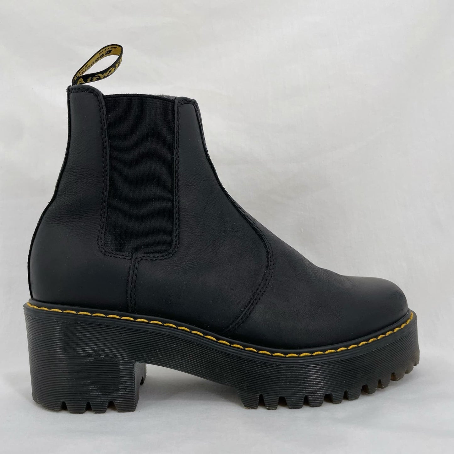 Dr. Martens Rometty Black Leather Platform Heeled Chelsea Ankle Boot Grunge Docs Size 8
