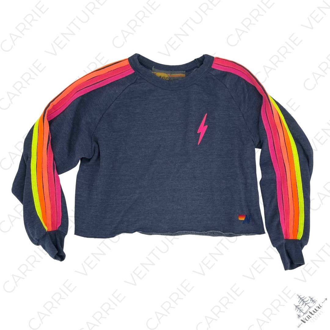 Aviator Nation Heather Navy Bolt Classic Cropped Crew Sweatshirt Neon 5 Stripe Size L