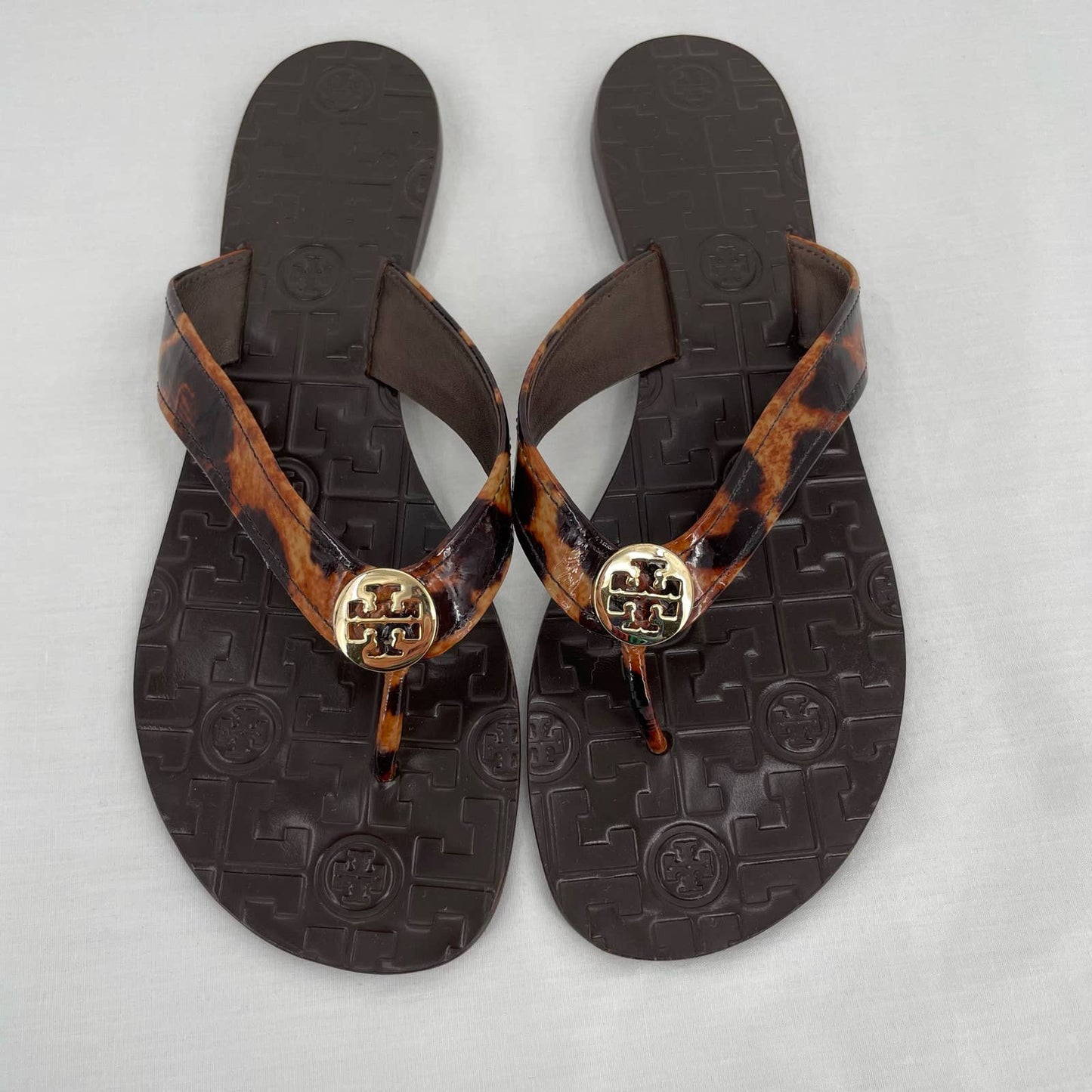 Tory Burch Thora Leopard Patent Brown Summer Thong Sandals Logo Animal Print Size 8