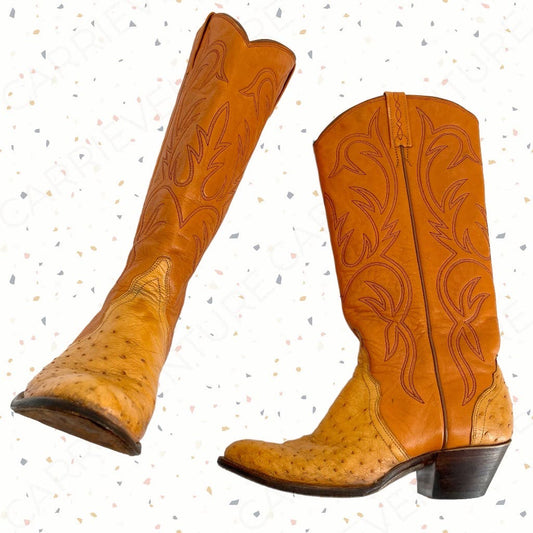 El Dorado Vintage Ostrich Orange Leather Buttercup Cowboy Western Boots Size 8M