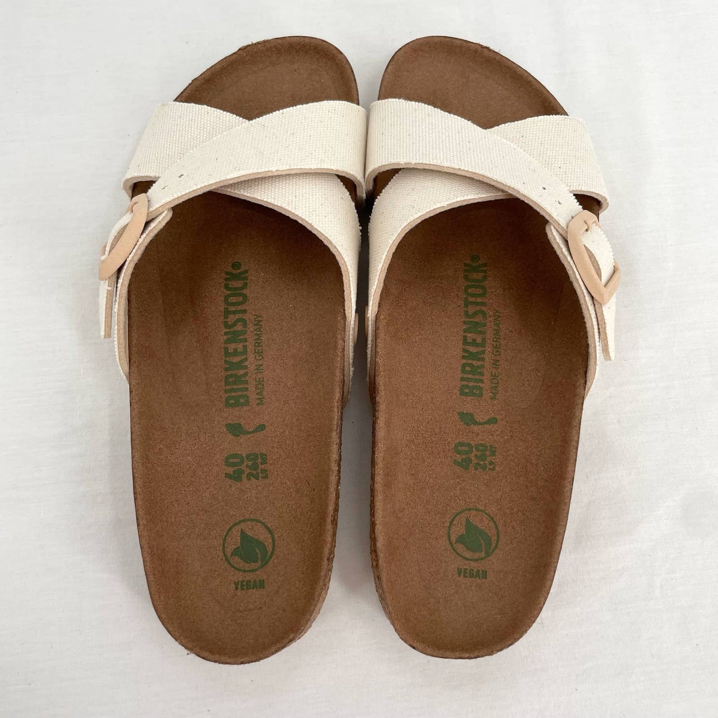 Birkenstock Siena Canvas Ivory Eggshell Vegan Sandals Cross Strap Buckle Slides Size EU 40 | US 9