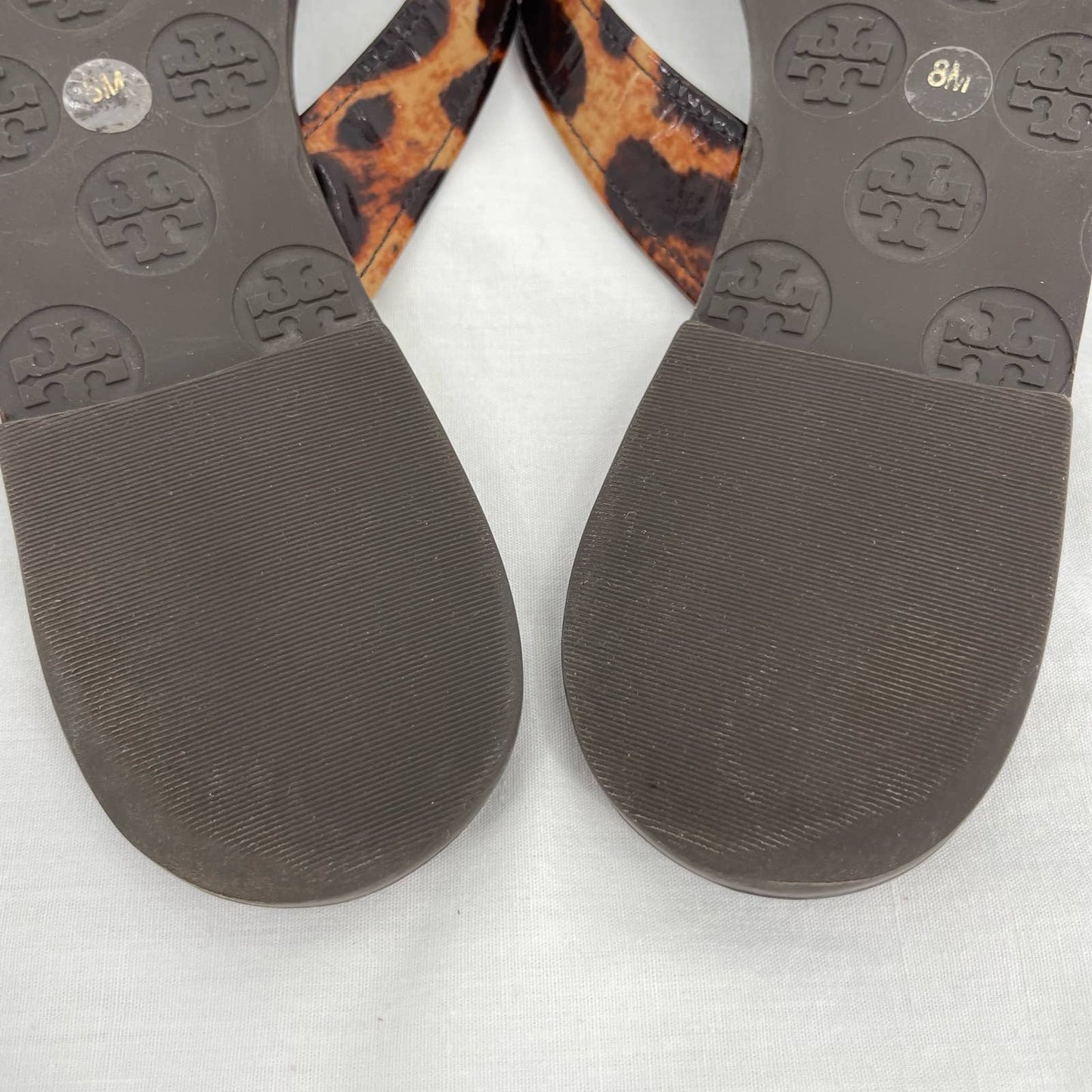 Tory Burch Thora Leopard Patent Brown Summer Thong Sandals Logo Animal Print Size 8