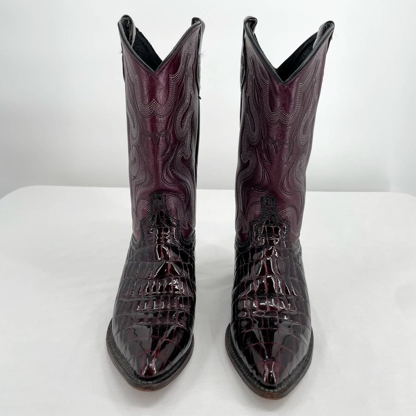 Vintage Purple Leather Cowboy Western Boots Croc Pointed Toe Metallic Pearl Size 7