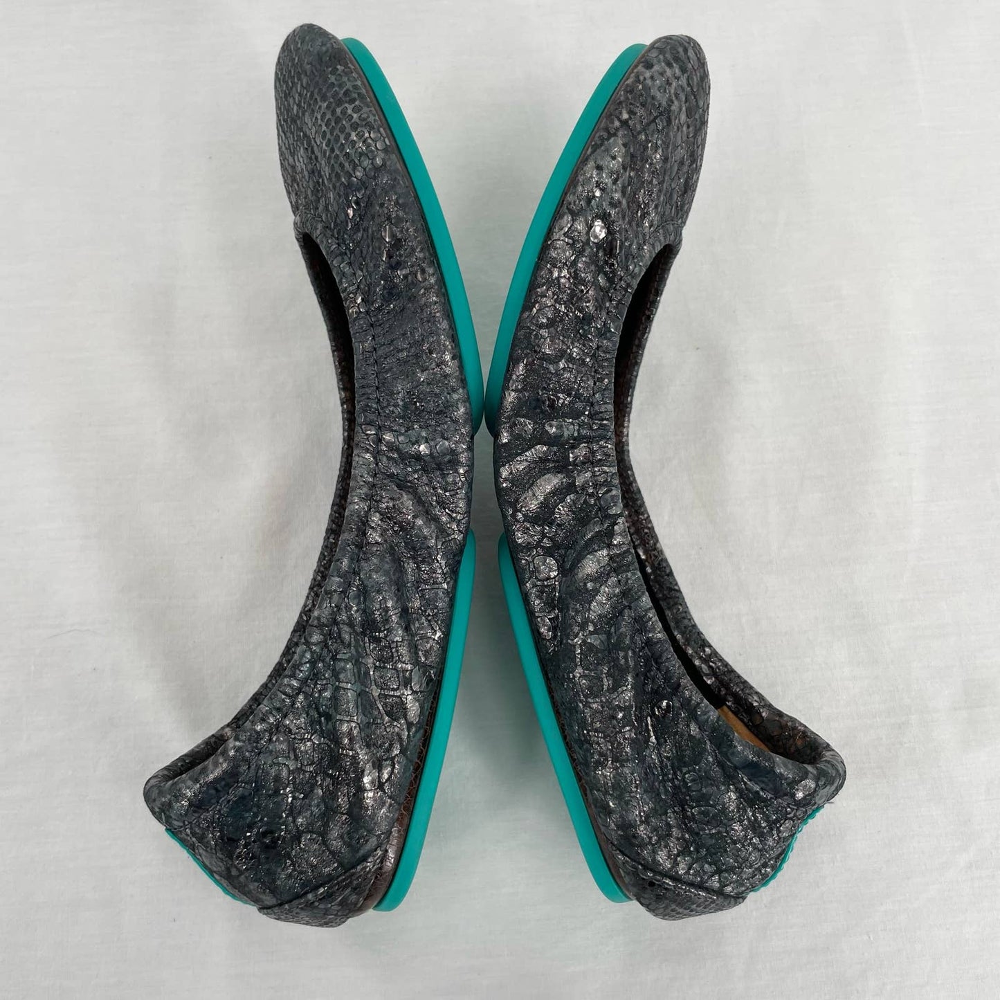 Tieks Drago Black Leather Ballet Flats Snakeskin Dragon Shiny Metallic Foil Shoe Size 6