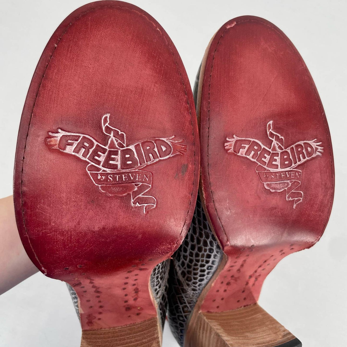 Freebird by Steven Randi Stone Croco Strappy Heels Buckles Chunky Block Heel Size 12