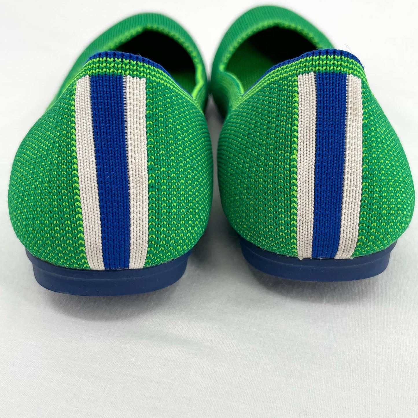 Rothy’s The Flat Jellybean Green Jelly Bean Reflex Blue Heel Stripe Shoes Size 7