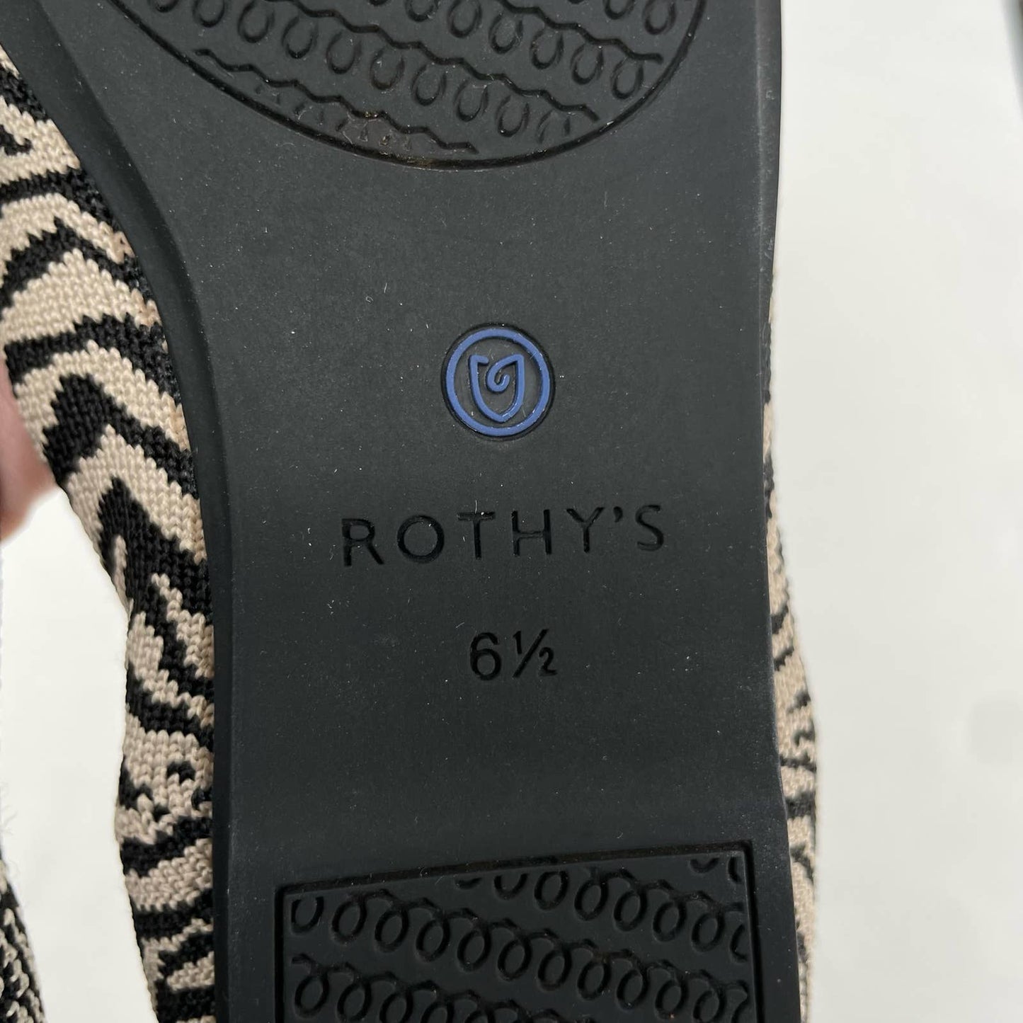 Rothy’s The Flat in Black Zebra Neutral Tapue Tan Printed Sustainable Flats Size 6.5