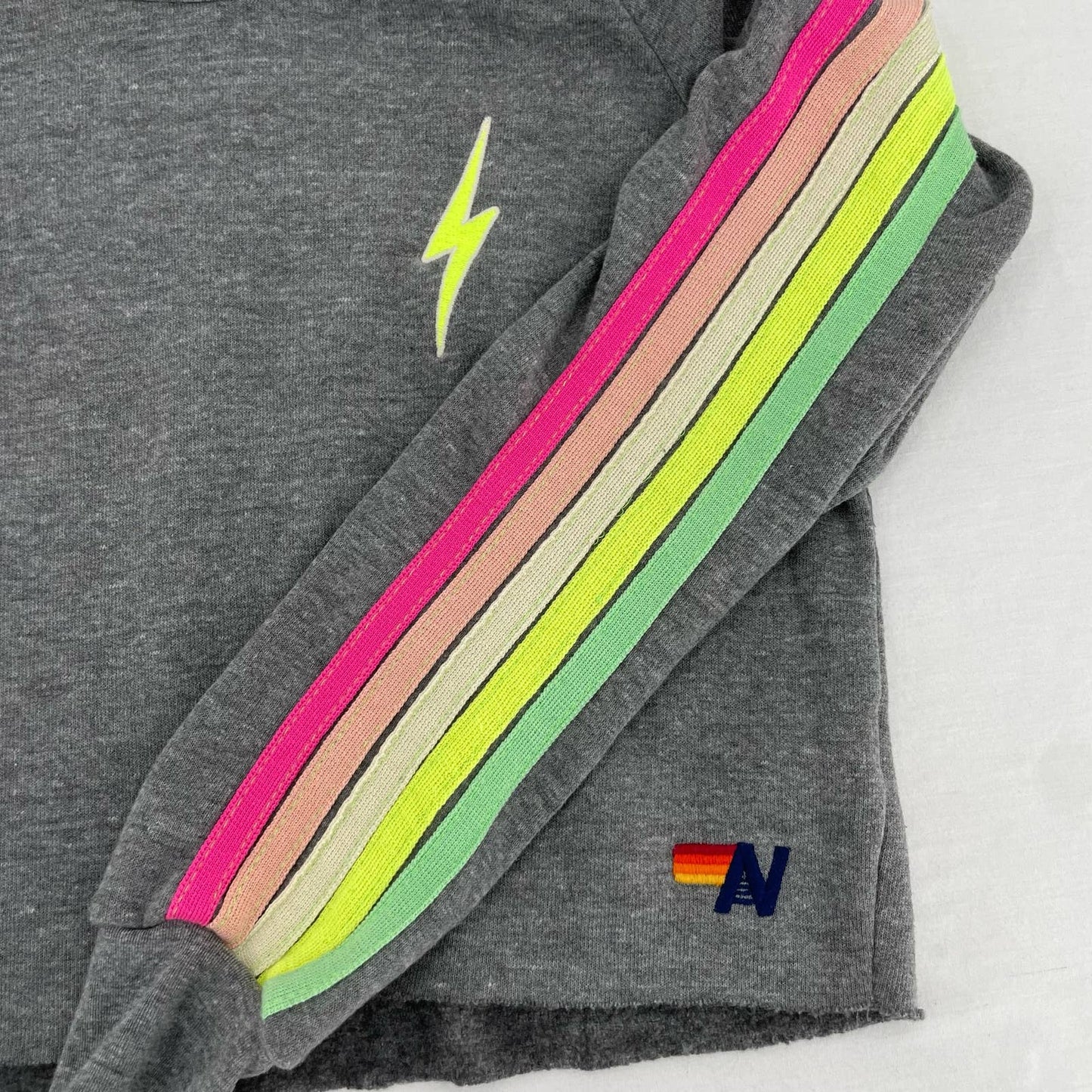 Aviator Nation Light Gray Bolt Classic Cropped Crew Sweatshirt Neon 5 Stripe Size XS