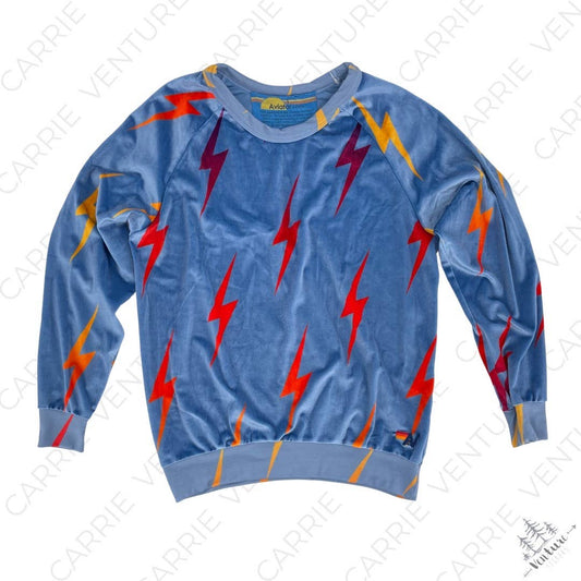 Aviator Nation Blue Velvet Bolt Repeat Crew Sweatshirt Pullover Velour Lightning Size L