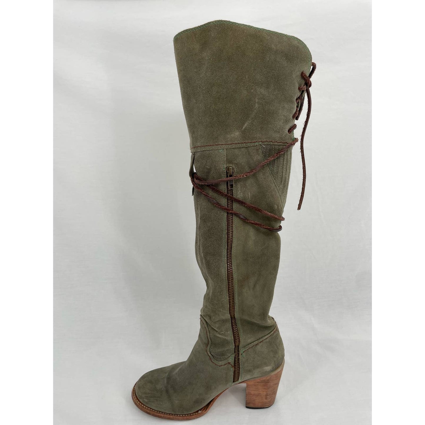 Freebird by Steven Brock Olive Green Suede Tall Leather OTK Heeled Lace Boots Size 10