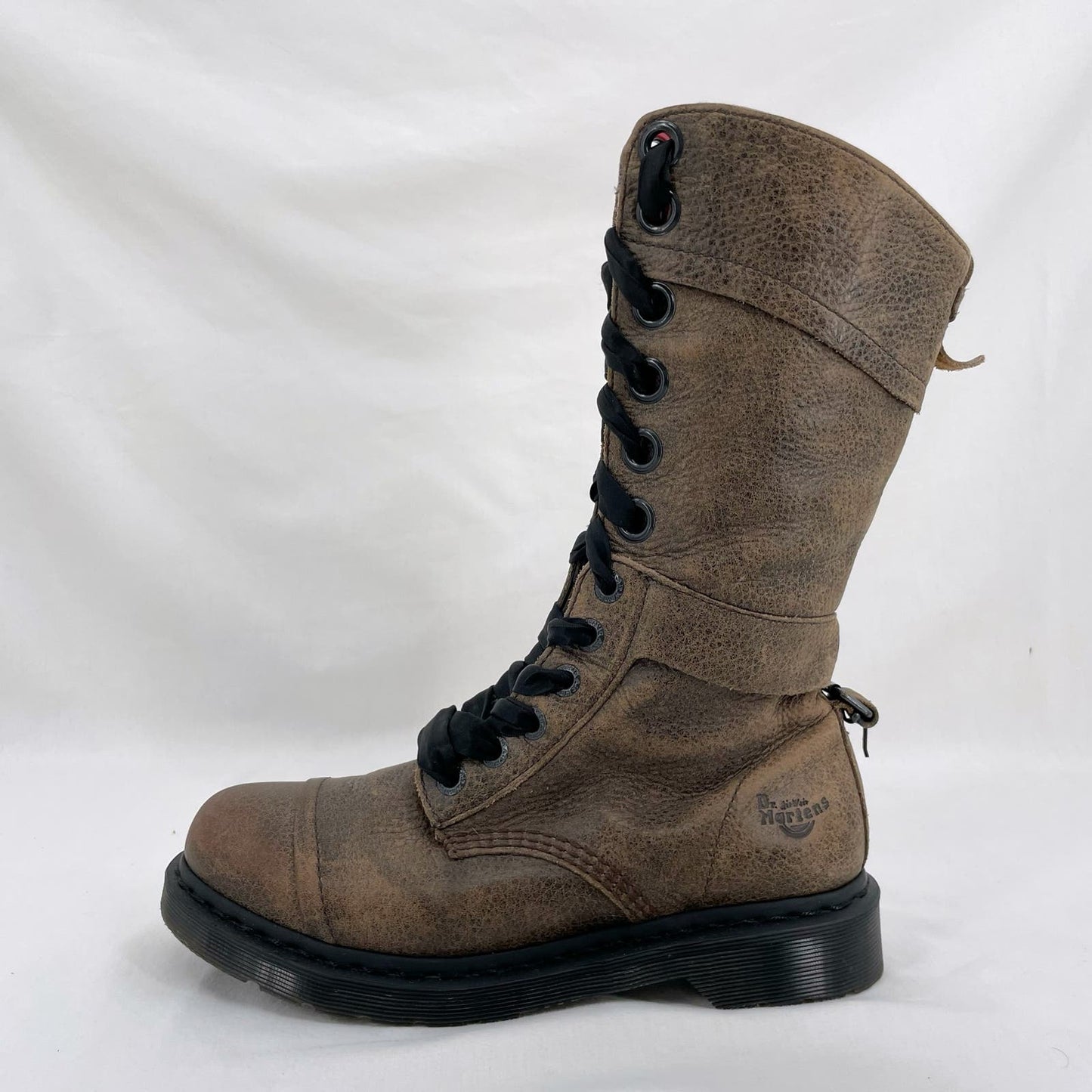 Dr. Martens Triumph Tall Fold Over Boots Pebbled Brown Leather Union Jack Size 9