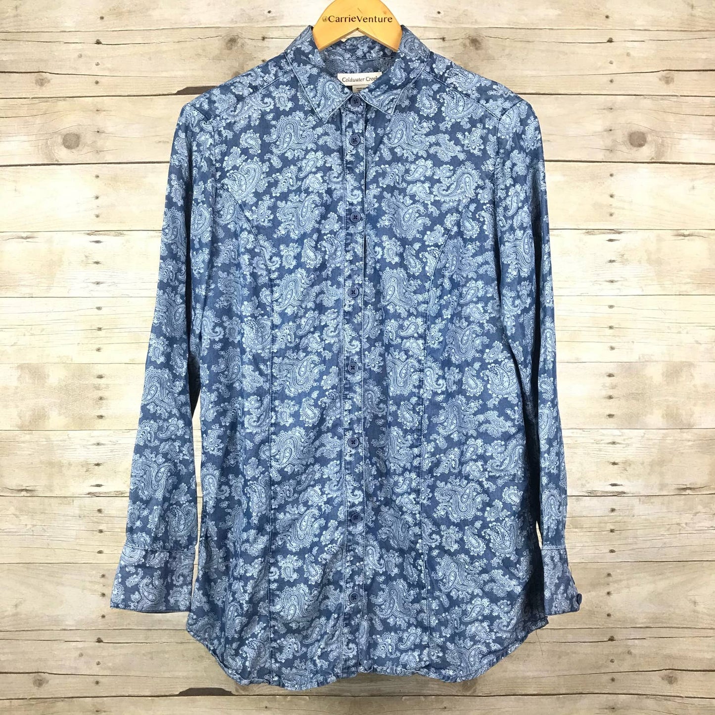 Coldwater Creek Button Up Top Blouse Paisley Light Blue Western Chambray Style Size 8