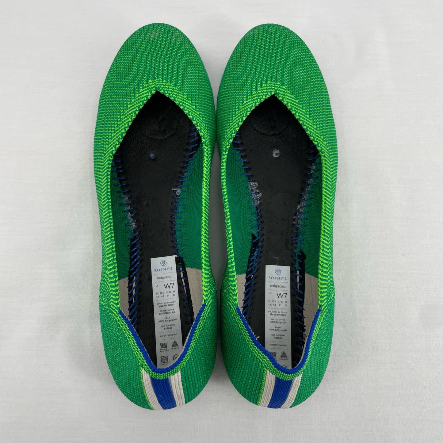 Rothy’s The Flat Jellybean Green Jelly Bean Reflex Blue Heel Stripe Shoes Size 7
