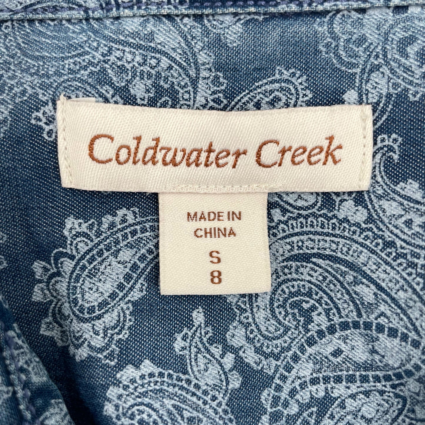 Coldwater Creek Paisley Chambray Button Up Top Blouse Denim Blue Western Size 8