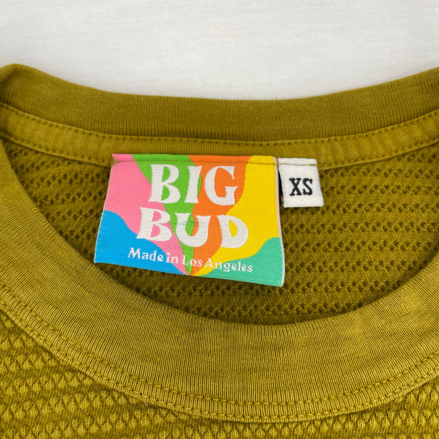 Big Bud Press Honeycomb Texture Thermal Tee Olive Green Long Sleeve Cotton Top Unisex Size XS