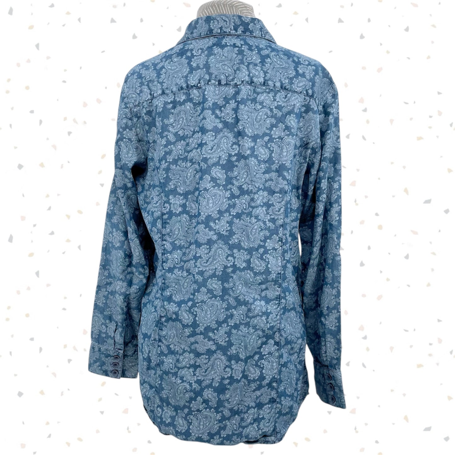 Coldwater Creek Paisley Chambray Button Up Top Blouse Denim Blue Western Size 8