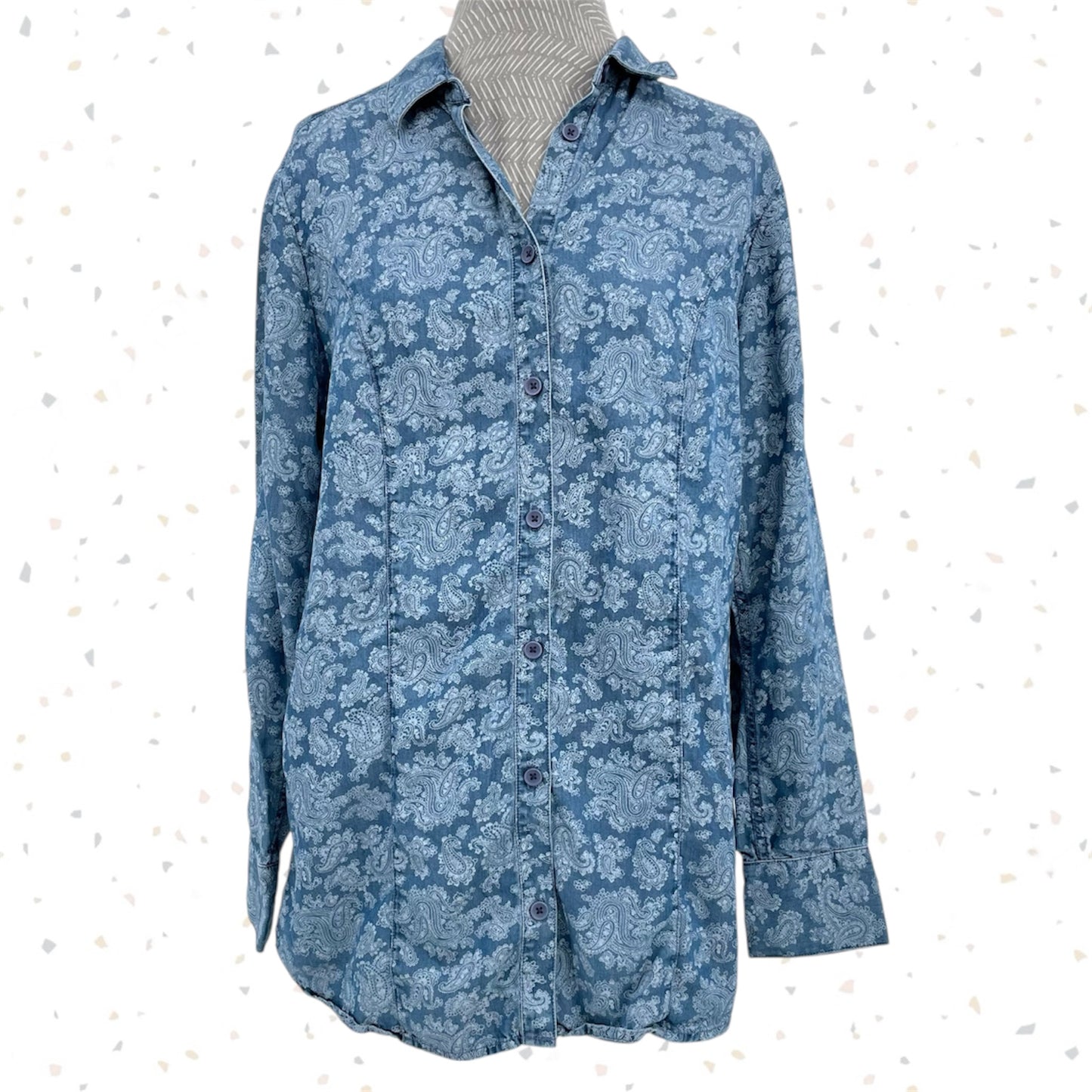 Coldwater Creek Paisley Chambray Button Up Top Blouse Denim Blue Western Size 8