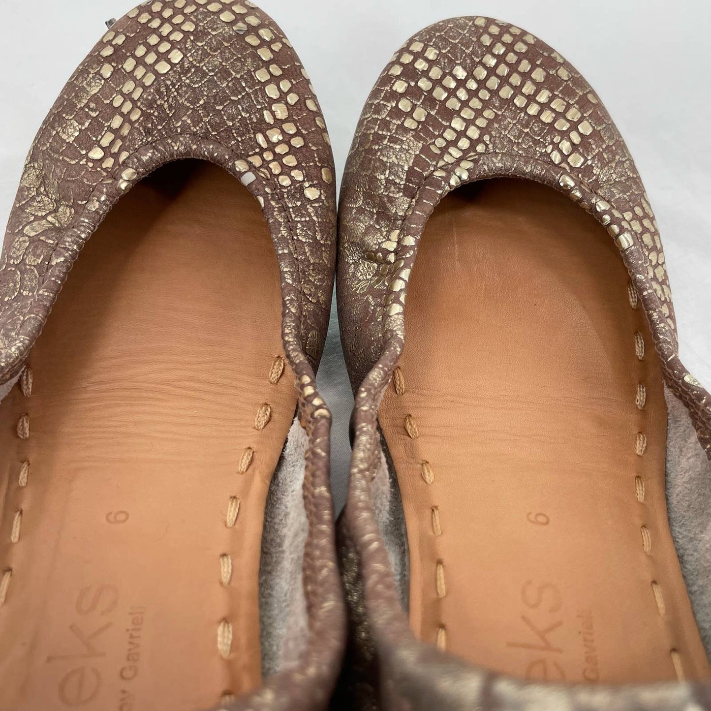 Tieks Wild Copper Leather Ballet Flats Gold Snakeskin Python Shiny Metallic Foil Size 6