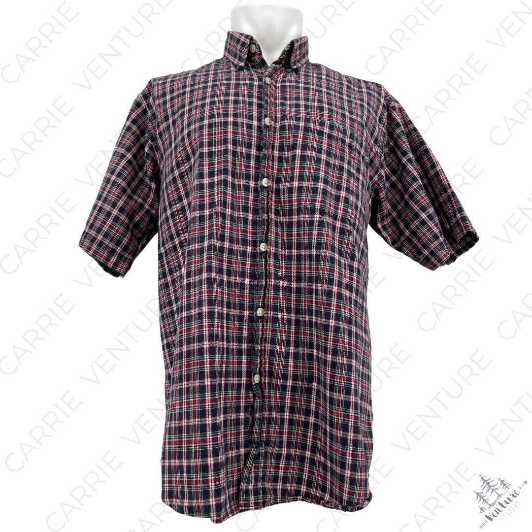 John Ashford Navy Red Plaid Short Sleeve Button Down Shirt Cotton Casual Top Size M