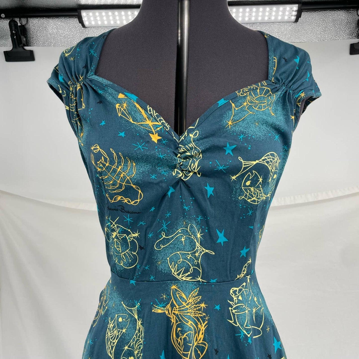 Pinup Couture Heidi Dress Darling Retro Astrology Zodiac Blue Yellow Stars Print Size M