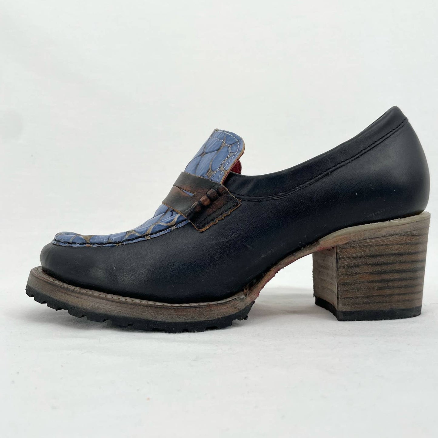 Freebird by Steven Bristol Blue Croc Black Leather Crocodile Loafer Heels Size 7