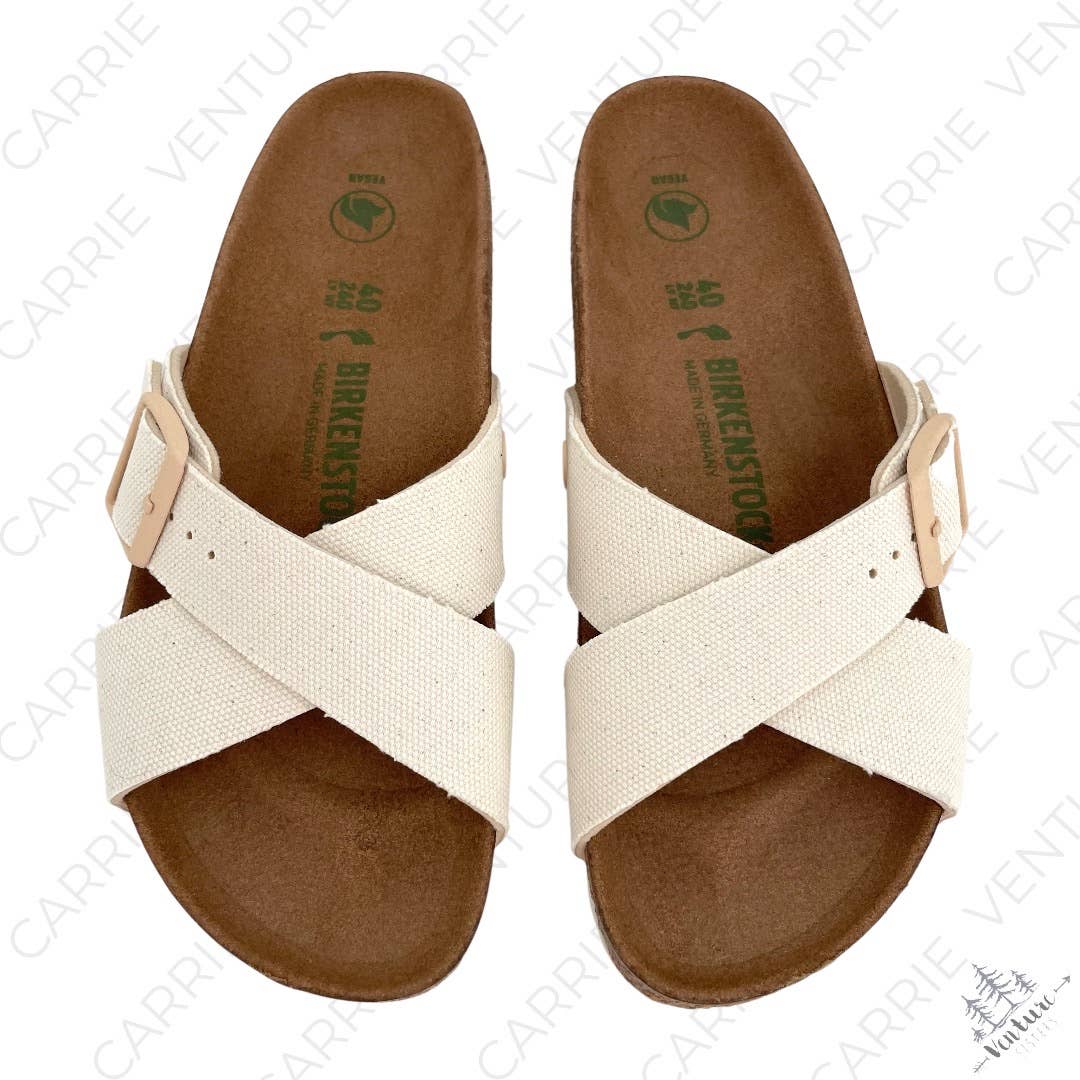 Birkenstock Siena Canvas Ivory Eggshell Vegan Sandals Cross Strap Buckle Slides Size EU 40 | US 9