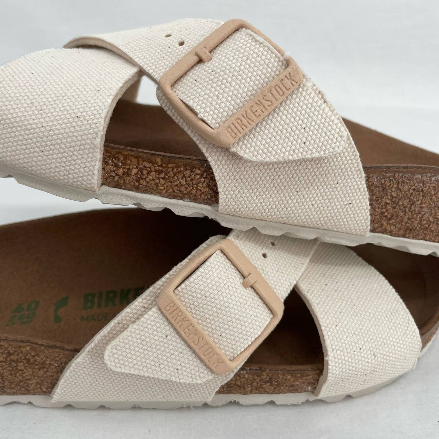 Birkenstock Siena Canvas Ivory Eggshell Vegan Sandals Cross Strap Buckle Slides Size EU 40 | US 9