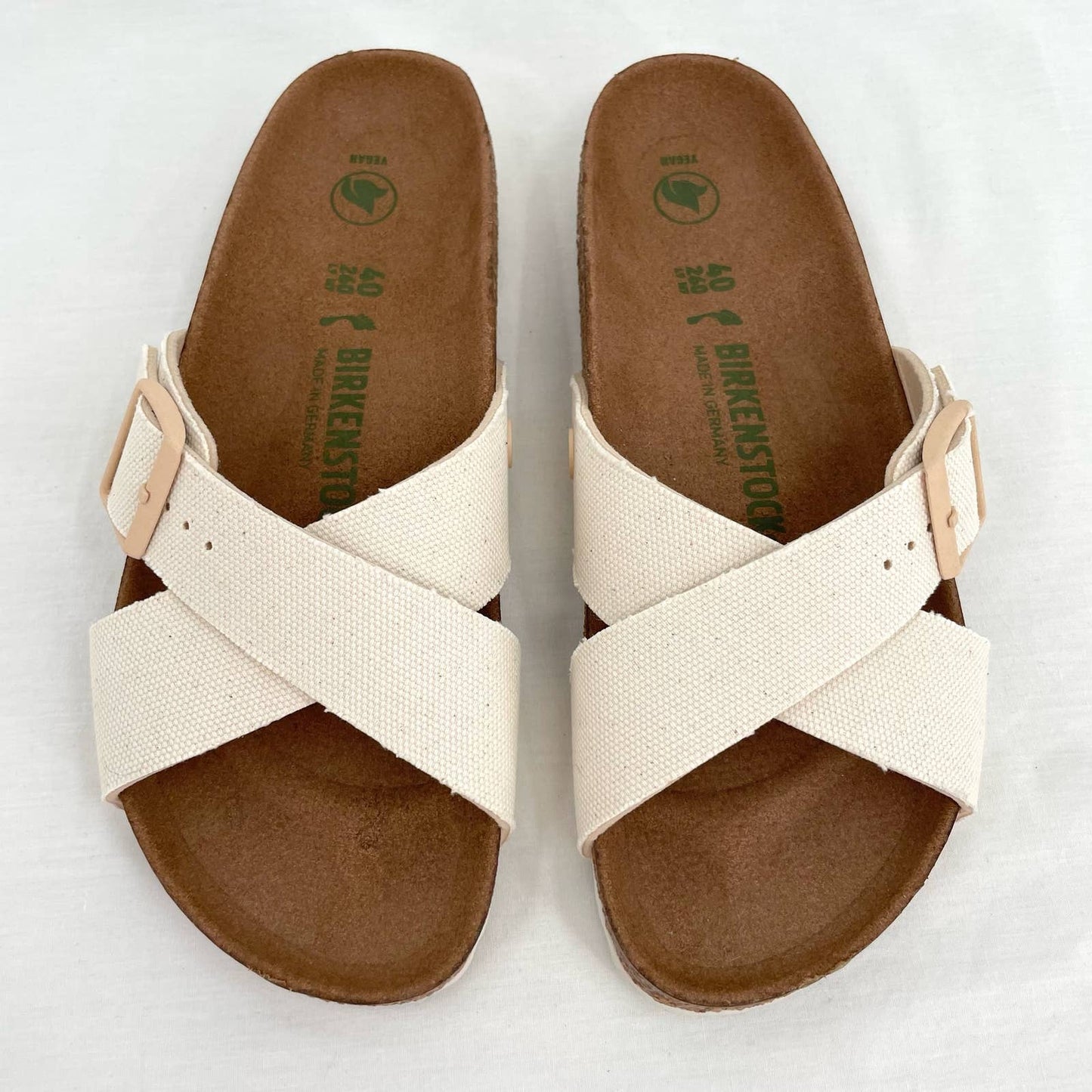 Birkenstock Siena Canvas Ivory Eggshell Vegan Sandals Cross Strap Buckle Slides Size EU 40 | US 9