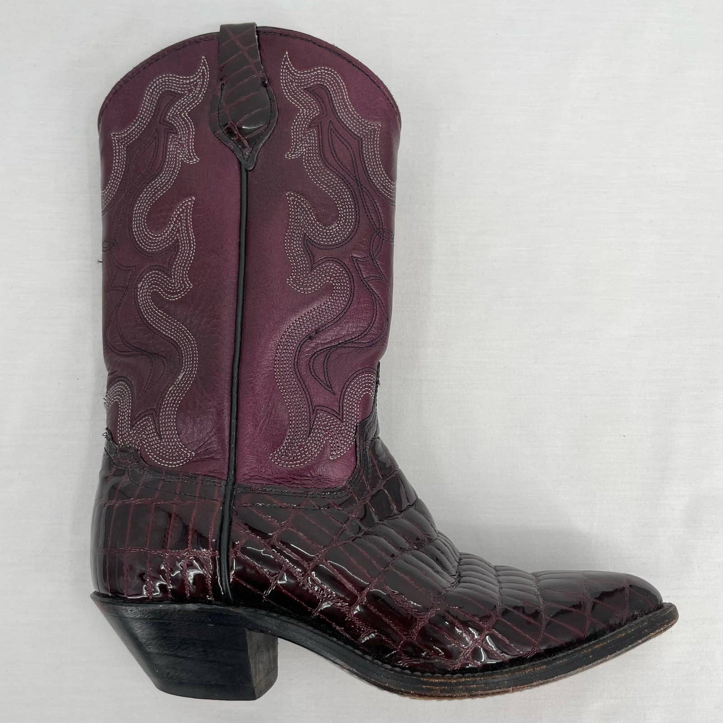 Vintage Purple Leather Cowboy Western Boots Croc Pointed Toe Metallic Pearl Size 7