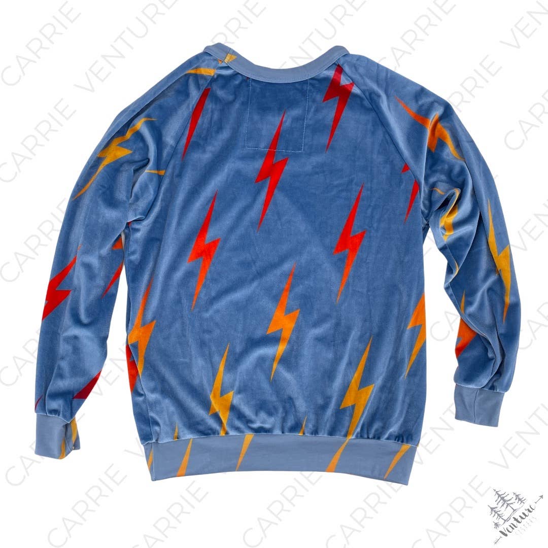 Aviator Nation Blue Velvet Bolt Repeat Crew Sweatshirt Pullover Velour Lightning Size L