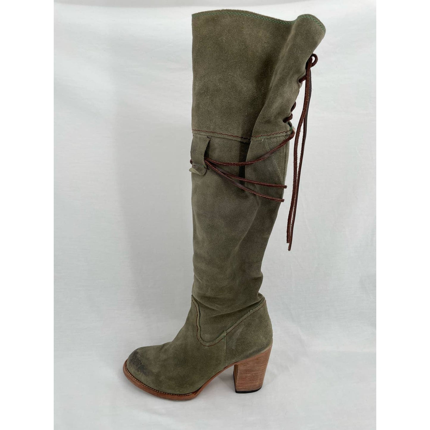 Freebird by Steven Brock Olive Green Suede Tall Leather OTK Heeled Lace Boots Size 10
