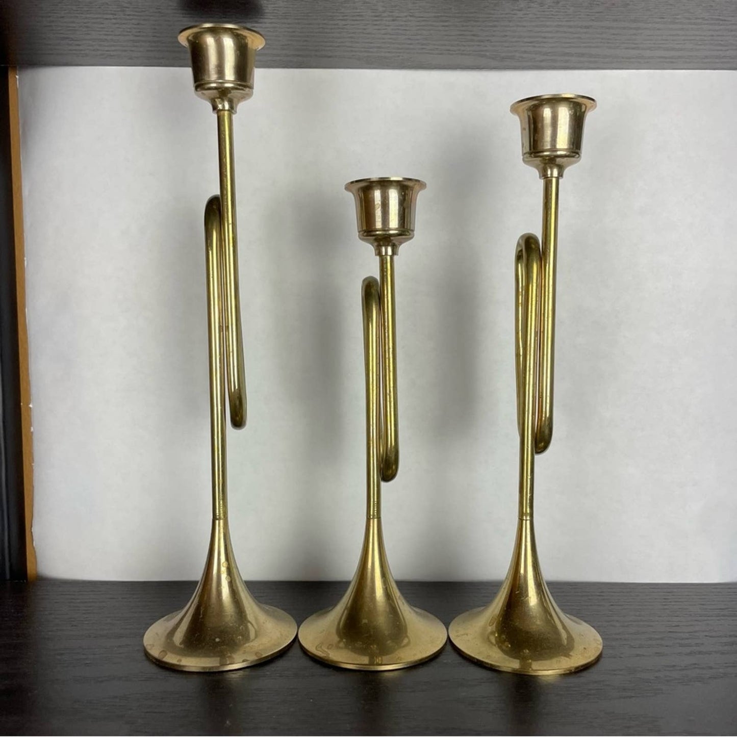 Vintage Brass Trumpet Horn Candle Holders Trio Christmas Holiday Winter Decor