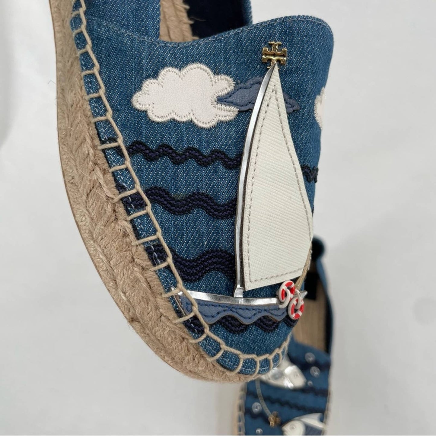 Tory Burch Seaside Espadrille Denim Chambray Nautical Fishing Sailing Boat Shoes Size 7