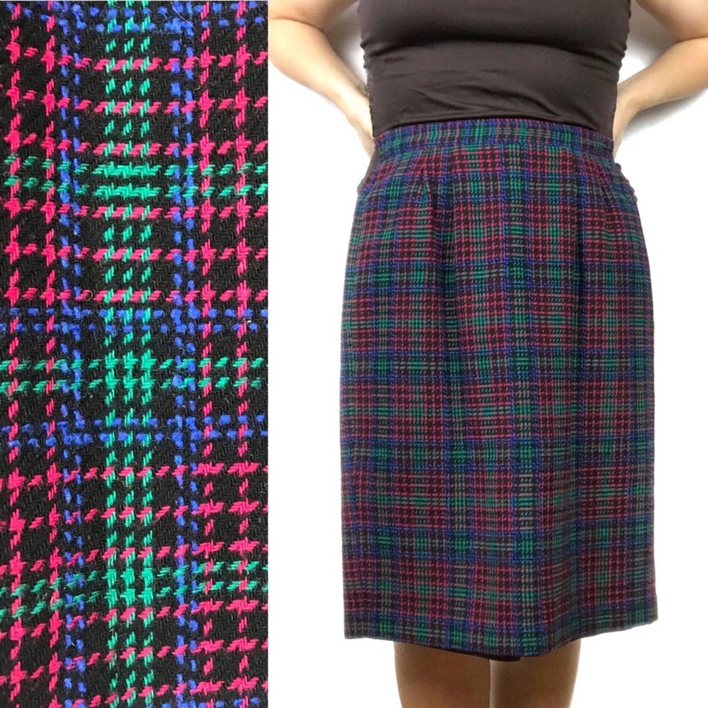 Vintage Joan Leslie Tweed Skirt Wool Blend Pink Green Blue Plaid Retro Skirt Size 6P