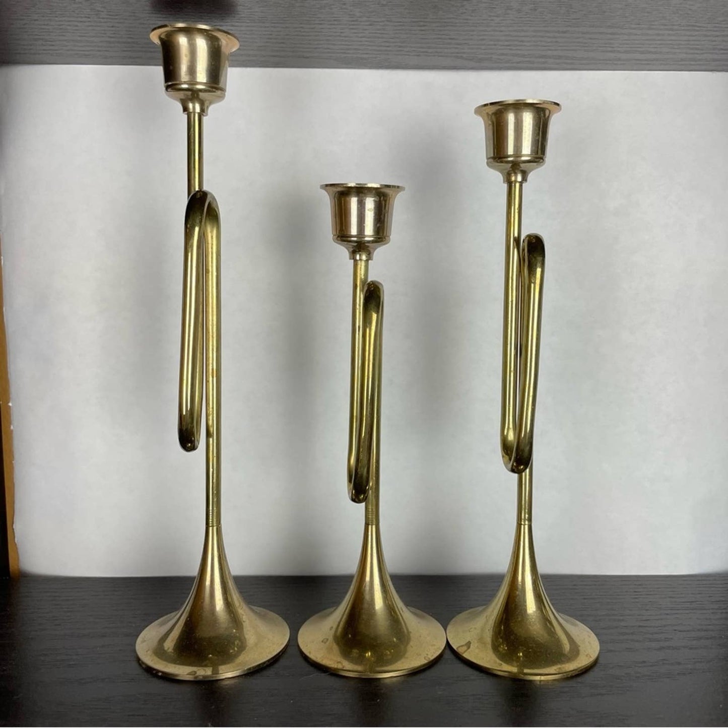 Vintage Brass Trumpet Horn Candle Holders Trio Christmas Holiday Winter Decor