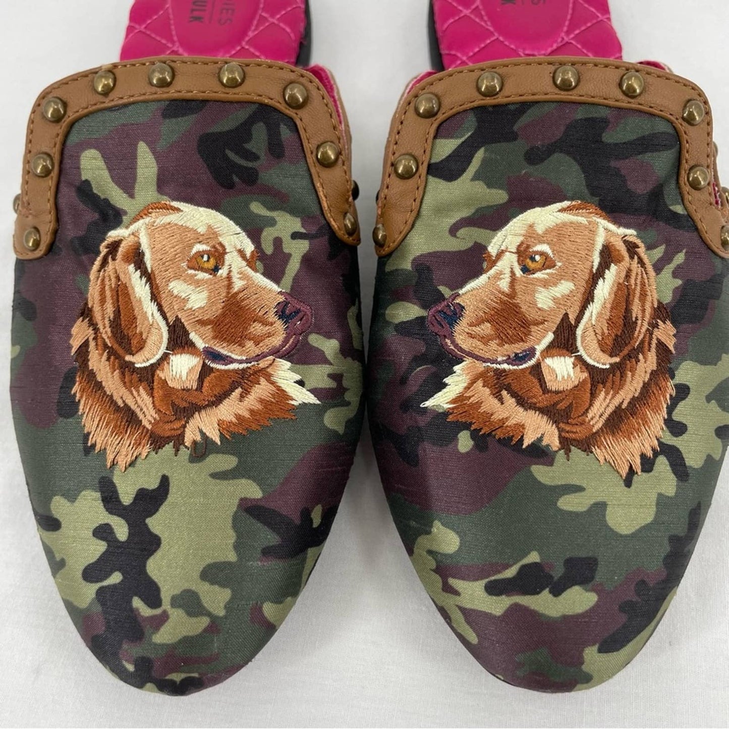 Birdies Ken Fulk Phoebe Slipper Mules Retriever Dogs Pink Green Camo Animalia Size 9