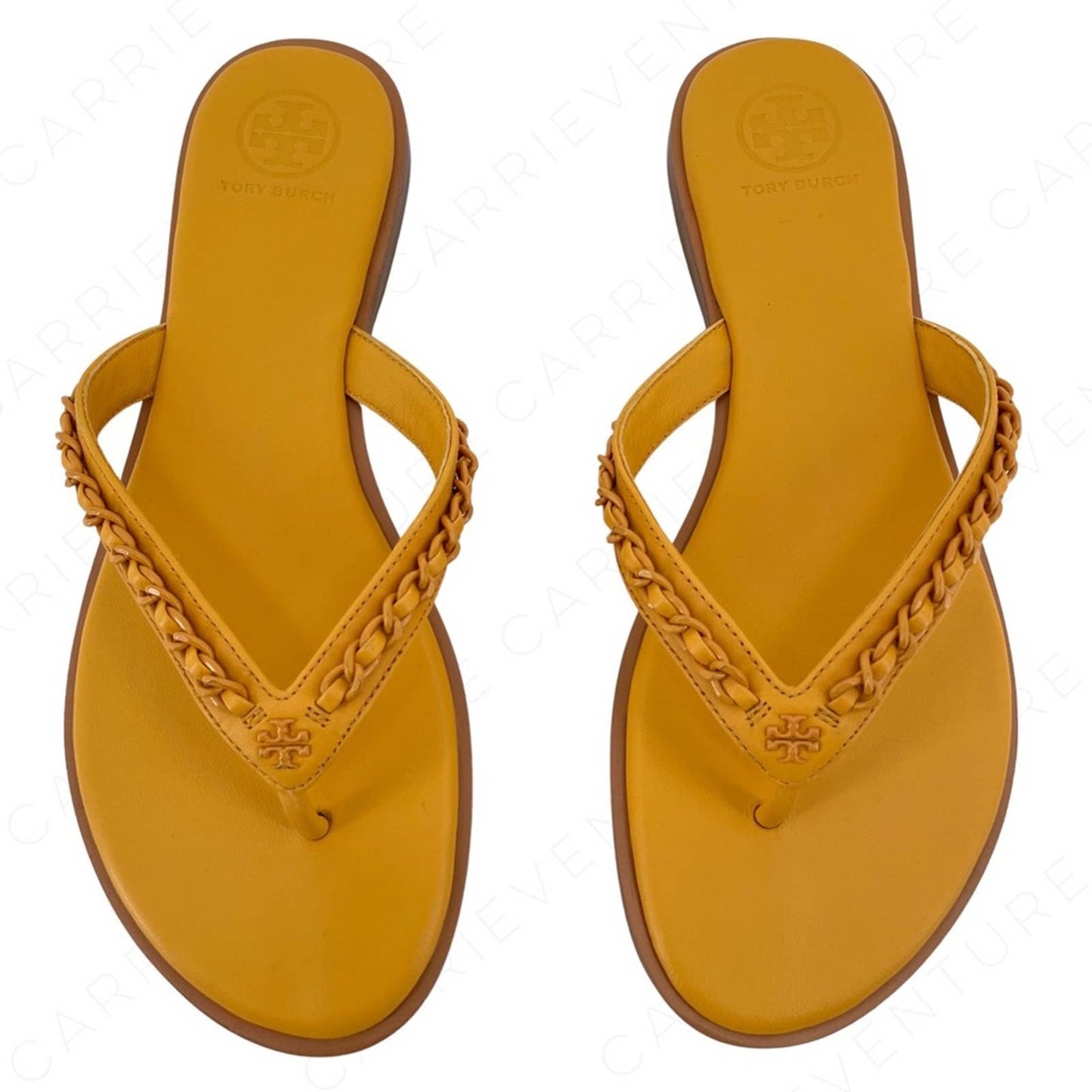 Tory Burch Everly Chain Thong Sandals Nappa Leather Light Turmeric Gold Orange Size 7