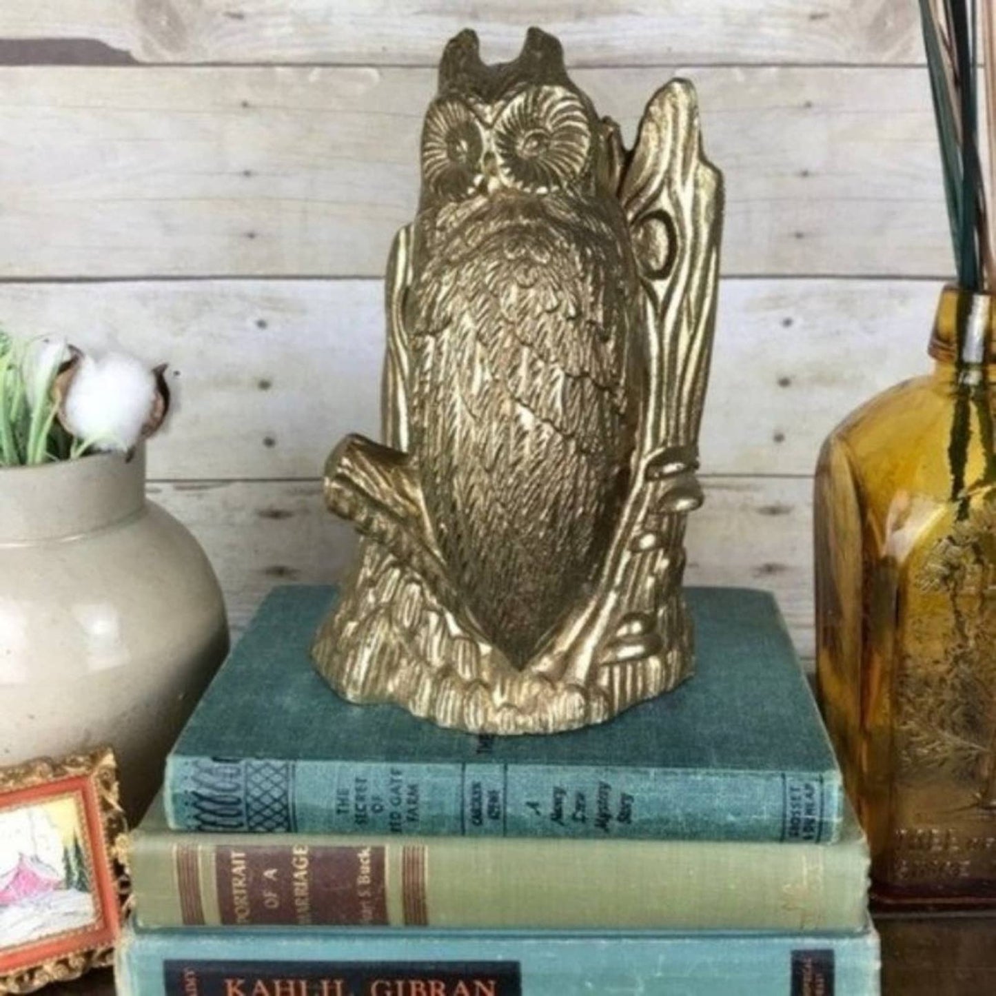 Rare Vintage Brass Owl Big Perched Owl & Tree Gold Office Shelf Cast Figurine